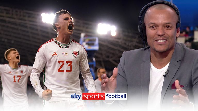 Wales&#39; Nathan Broadhead celebrates scoring for Wales against Croatia in the UEFA Euro 2024 Group D qualifying match