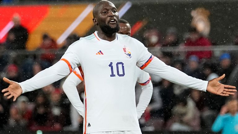 Belgium's Romelu Lukaku reacts during the international friendly soccer match between Germany and Belgium in Cologne, Germany, Tuesday March 28, 2023. (AP Photo/Martin Meissner)