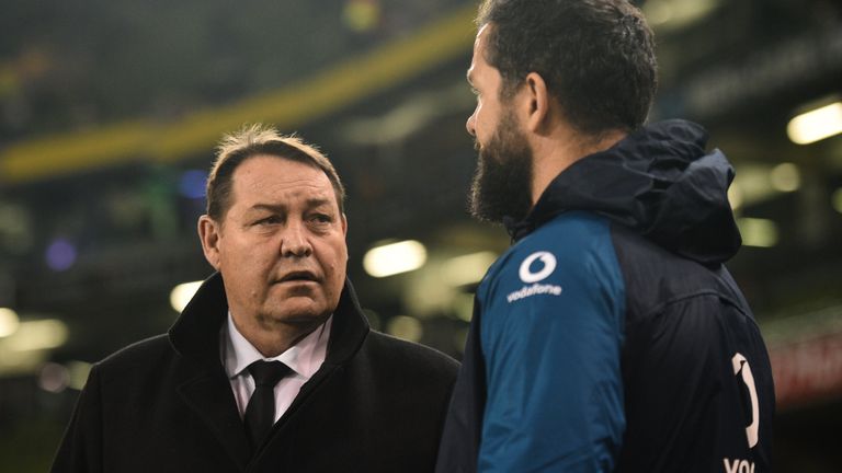 New Zealand head coach Steve Hansen, left, with Ireland defence coach Andy Farrell in 2018