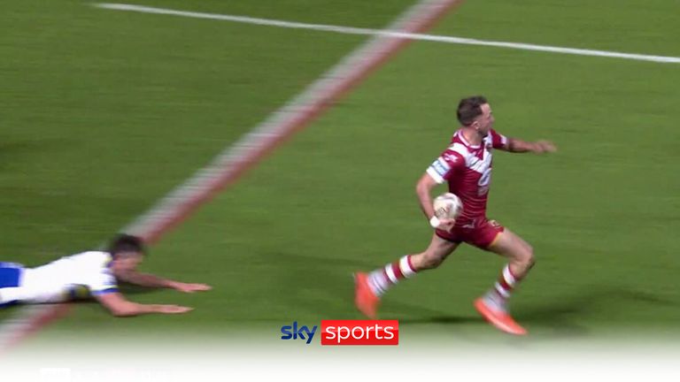 Ryan Brierley raced the full length of the field to put Salford Red Devils ahead against Warrington Wolves at The Halliwell Jones Stadium.