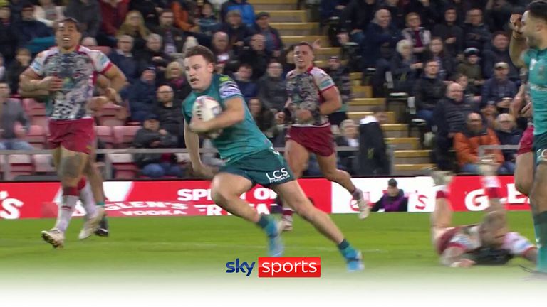 Jai Field steps his way through the Leigh defence to score another try for Wigan Warriors.
