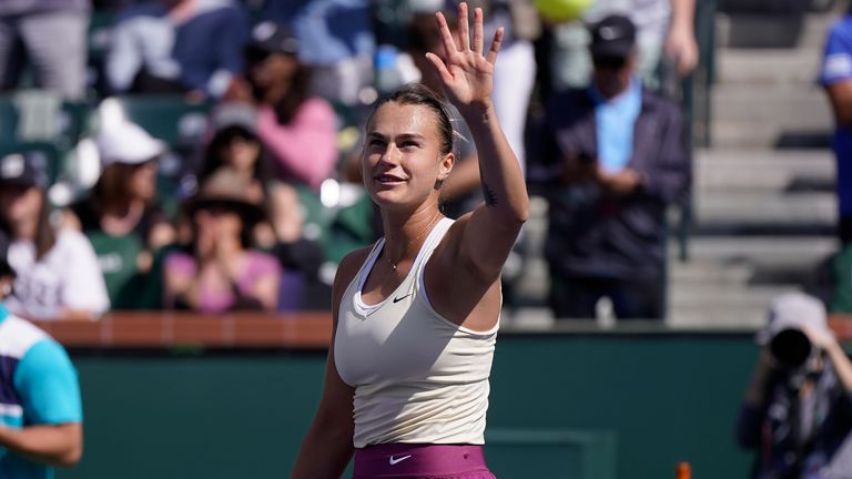 Aryna Sabalenka, of Belarus, celebrates her victory over Coco Gauff, of the United States, at the BNP Paribas Open tennis tournament Wednesday, March 15, 2023, in Indian Wells, Calif. (AP Photo/Mark J. Terrill)