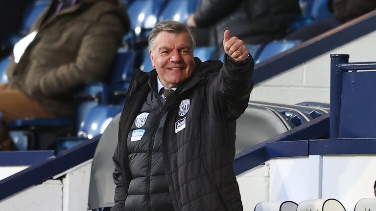 West Bromwich Albion&#39;s manager Sam Allardyce gives the thumbs-up during an English Premier League soccer match between West Bromwich Albion and Southampton at The Hawthorns in West Bromwich, England, Monday April 12, 2021. (Michael Steele/Pool via AP)