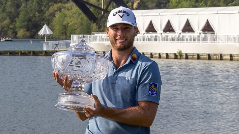 Sam Burns holds up the Walter Hagen Cup after winning the PGA World Golf Championships Dell Technologies Match Play