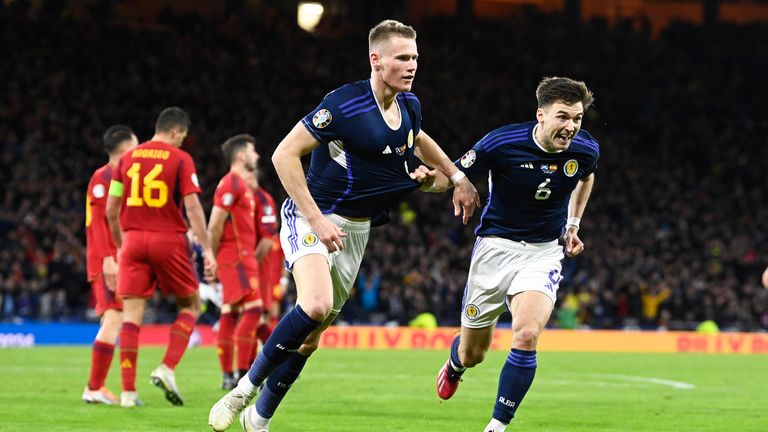 GLASGOW, SCOTLAND - MARCH 28: Scotland...s Scott McTominay celebrates making it 2-0  during a UEFA Euro 2024 Qualifier between Scotland and Spain at Hampden Park, on March 28, 2023, in Glasgow, Scotland. (Photo by Rob Casey / SNS Group)