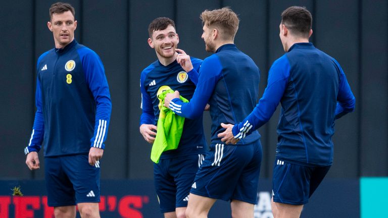 GLASGOW, SCOTLAND - MARCH 21: Dominic Hyam, Andy Robertson, Stuart Armstrong and Ryan Jack during a Scotland training session at Lesser Hampden, on March 21, 2023, in Glasgow, Scotland. (Photo by Ross MacDonald / SNS Group)