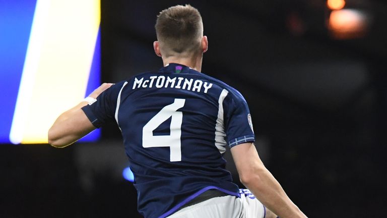 GLASGOW, SCOTLAND - MARCH 28: Scott McTominay of Scotland celebrates scoring 1-0 during a UEFA Euro 2024 qualifying match between Scotland and Spain at Hampden Park on March 28, 2023 in Glasgow, Scotland.  (Photo by Ross MacDonald/SNS Group)