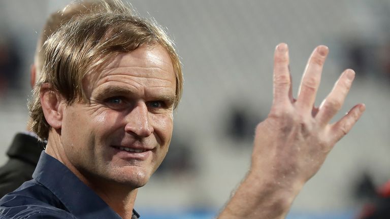 FILE - Crusaders coach Scott Robertson gestures after his team won the Super Rugby Aotearoa trophy after defeating the Highlanders in Christchurch, New Zealand, Sunday, Aug. 9, 2020.The Christchurch-based Crusaders have grappled for the past week with the causes of a form slump which has damaged their title chances in Super Rugby Pacific. (AP Photo/Mark Baker,file)