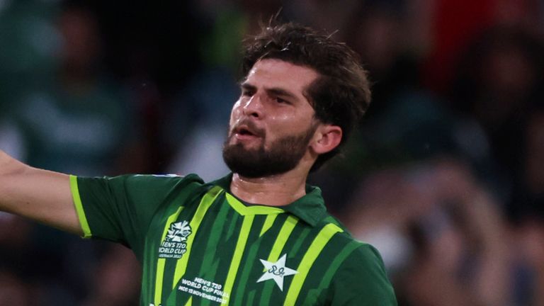 Pakistan's Shaheen Afridi celebrates taking the wicket of England's Alex Hales during the final of the T20 World Cup Cricket tournament at the Melbourne Cricket Ground in Melbourne, Australia, Sunday, Nov. 13, 2022. (AP Photo/Asanka Brendon Ratnayake)