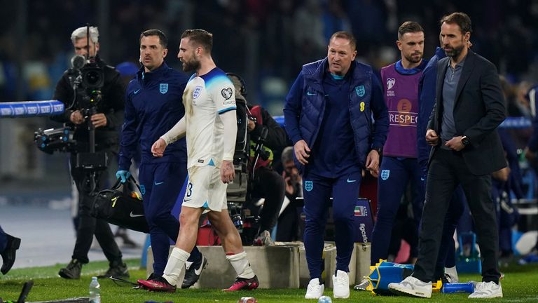 England&#39;s Luke Shaw after being sent off