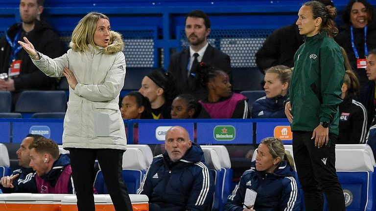 LONDON, ENGLAND - MARCH 30: head coach Sonia Bompastor of Olympique Lyon gestures during the UEFA Women's Champions League quarter-final 2nd leg match between Chelsea FC and Olympique Lyonnais at Stamford Bridge on March 30, 2023 in London, United Kingdom. (Photo by Vincent Mignott/DeFodi Images via Getty Images)