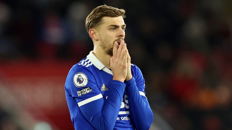 Kiernan Dewsbury-Hall shows his frustration during Leicester&#39;s Premier League clash with Southampton