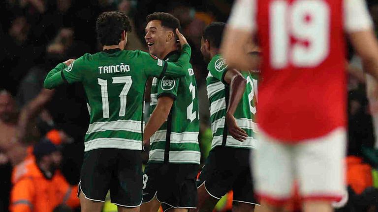 Sporting's Pedro Goncalves celebrates with team-mates