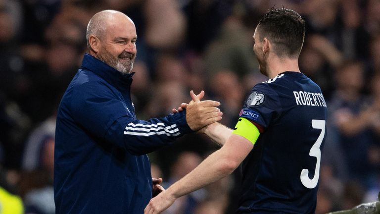 GLASGOW, SCOTLAND - OCTOBER 09: Scotland Manager Steve Clarke with Andrew Robertson at Full Time during a FIFA World Cup Qualifier between Scotland and Israel at Hampden Park, on October 09 , 2021, in Glasgow, Scotland. (Photo by Craig Foy / SNS Group)