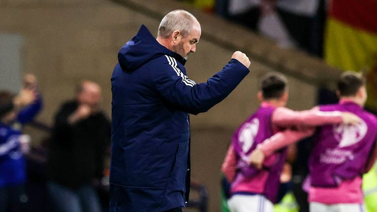 GLASGOW, SCOTLAND - MARCH 28: Scotland Manager Steve Clarke celebrates going 2-0 ahead during a UEFA Euro 2024 Qualifier between Scotland and Spain at Hampden Park, on March 28, 2023, in Glasgow, Scotland. (Photo by Craig Williamson / SNS Group)