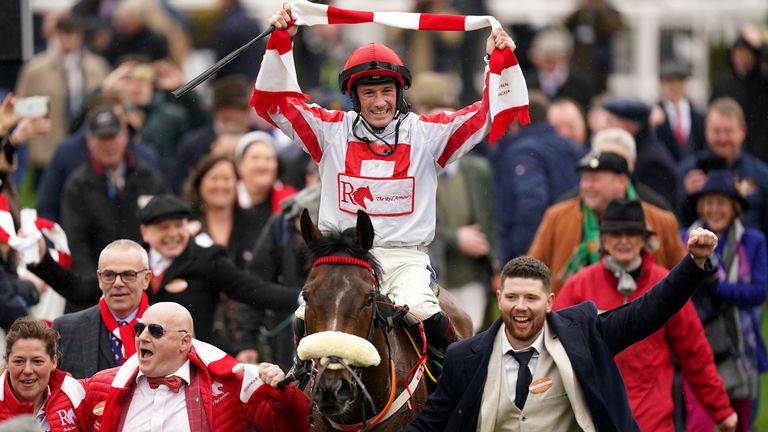 Sam Twiston-Davies celebrates victory on The Real Whacker