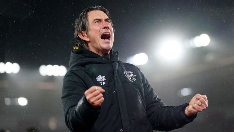 Brentford manager Thomas Frank rejoices with full-time fans