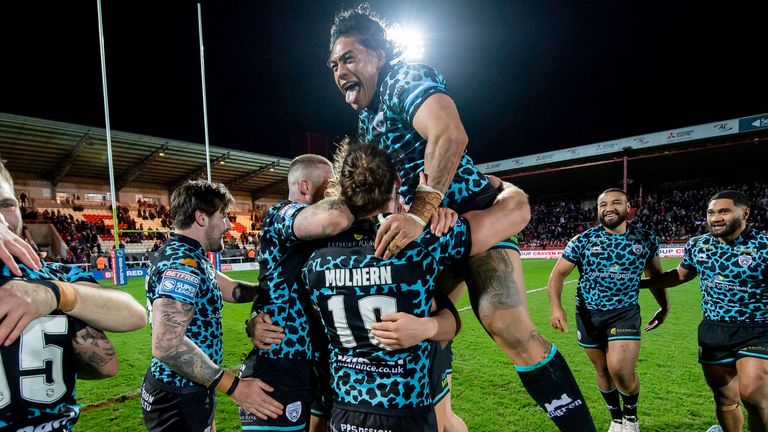 Leigh's players celebrate after their victory away to Hull KR
