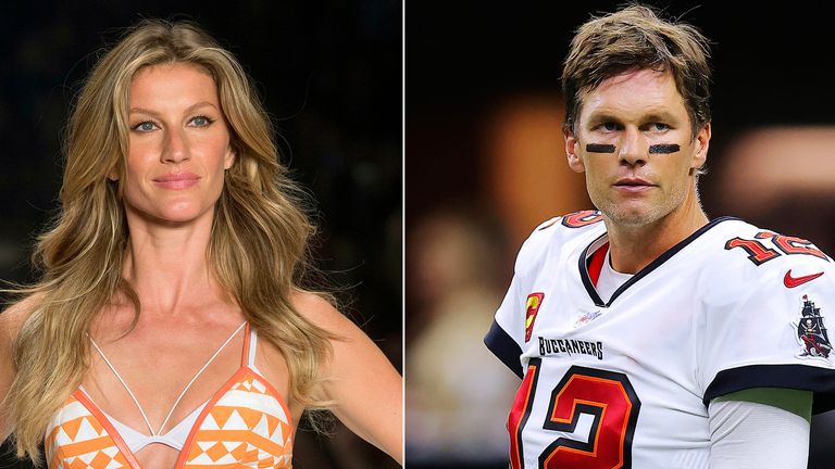 This combination of photos shows Brazilian supermodel Gisele Bundchen modeling the Colcci Summer collection at Sao Paulo Fashion Week in Sao Paulo, Brazil, on April 15, 2015, left, and Tampa Bay Buccaneers quarterback Tom Brady before an NFL football game against the New Orleans Saints, on Sept. 18, 2021, in New Orleans. The couple announced their divorce, ending their 13-year marriage. (AP Photo/Andre Penner, left, and Jonathan Bachman)
