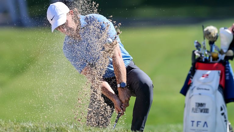 Tommy Fleetwood hits out of the bunker on the fourth hole during the second round of the Valspar Championship golf tournament Friday, March 17, 2023, at Innisbrook in Palm Harbor, Fla. (AP Photo/Mike Carlson)