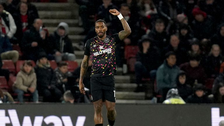 Brentford�s Ivan Toney celebrates after scoring their sides first goal during the Premier League match at St Mary&#39;s Stadium, Southampton. Picture date: Wednesday March 15, 2023.