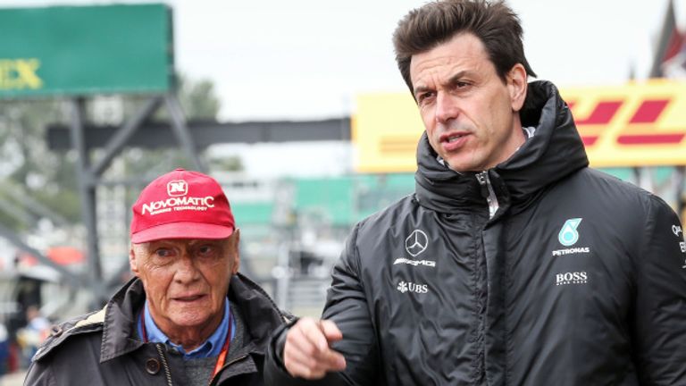 Niki Lauda (AUT) Mercedes AMG F1 Non-Executive Chairman and Toto Wolff (AUT) Mercedes AMG F1 Director of Motorsport at Formula One World Championship, Rd10, British Grand Prix, Race, Silverstone, England, Sunday 16 July 2017.
