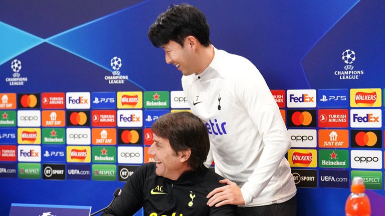 Tottenham Hotspur's Son Heung-min greets manager Antonio Conte during a press conference at Hotspur Way training ground, London.  Picture date: Tuesday March 7, 2023.
