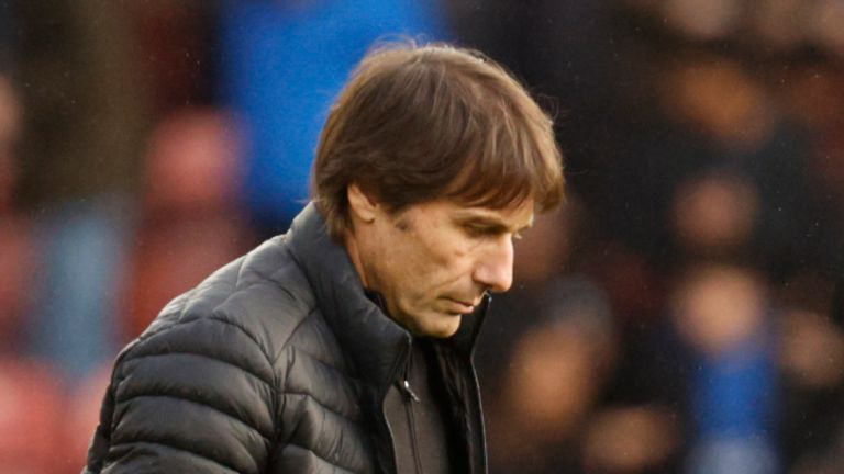 Tottenham's head coach Antonio Conte leaves the field at the end of the English Premier League soccer match between Southampton and Tottenham at St Mary's Stadium in Southampton, England, Saturday, March 18, 2023. The match ended in a 3-3 draw. (AP Photo/David Cliff)