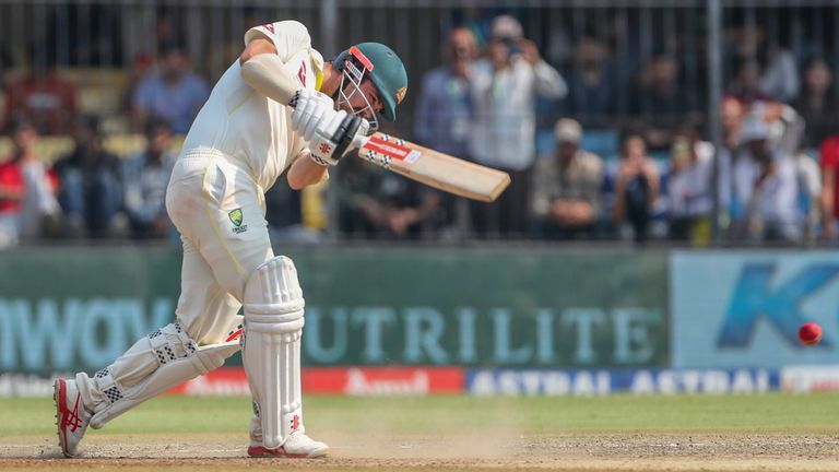 Australia's Travis Head plays a shot during the third day of third against India