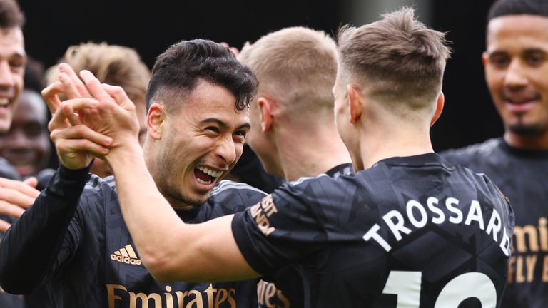 Leandro Trossard celebrates with Gabriel Martinelli against Fulham