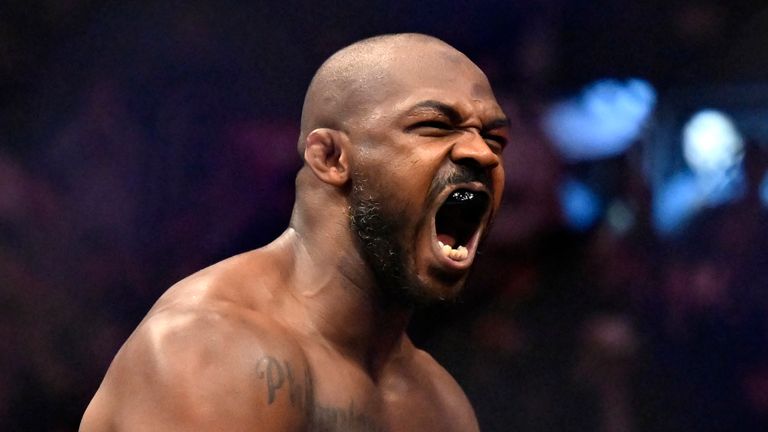 Jon Jones reacts after his victory over Ciryl Gane in a UFC 285 mixed martial arts heavyweight title bout Saturday, March 4, 2023, in Las Vegas. (AP Photo/David Becker)