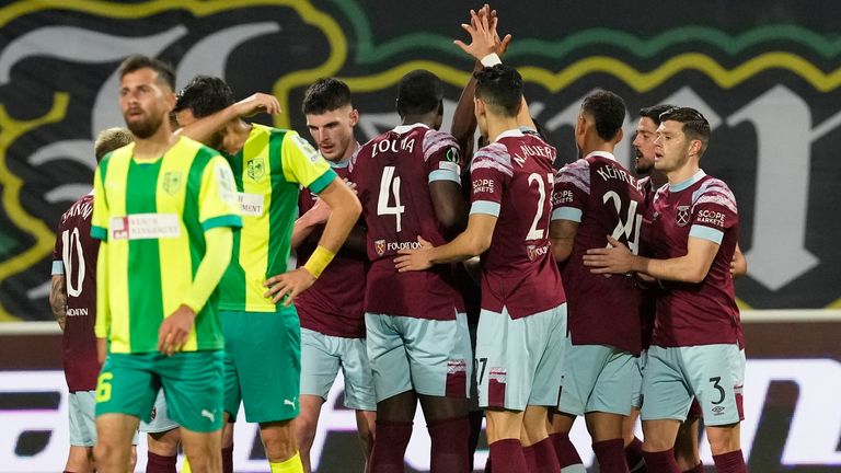 West Ham players celebrate their team's second goal during the first leg of the European Conference League Round of 16 