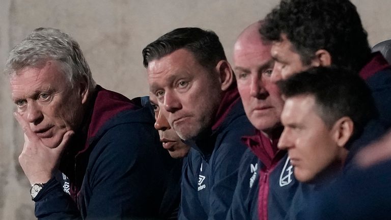 West Ham's coach David Moyes, left, watches his players during the Europa Conference League round of 16 first leg soccer match between AEK Larnaca FC and West Ham United FC at AEK arena stadium in Larnaca, Cyprus, Thursday, March 9, 2023. (AP Photo/Petros Karadjias)