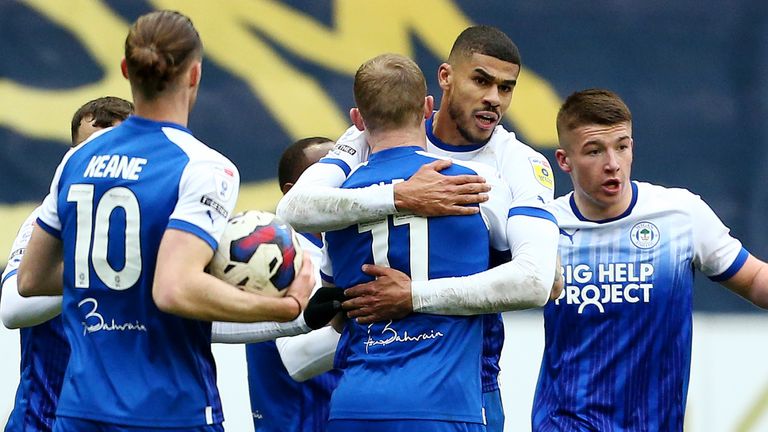 Ashley Fletcher is congratulated after scoring for Wigan against Birmingham