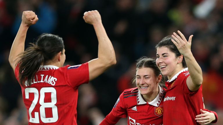 Manchester United&#39;s Lucia Garcia (right) celebrates scoring their side&#39;s fourth goal of the game during the Barclays Women&#39;s Super League match at Old Trafford, Manchester. Picture date: Saturday March 25, 2023.