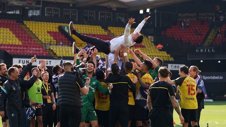 Xisco Munoz celebrates promotion with his Watford players at Vicarage Road in 2021