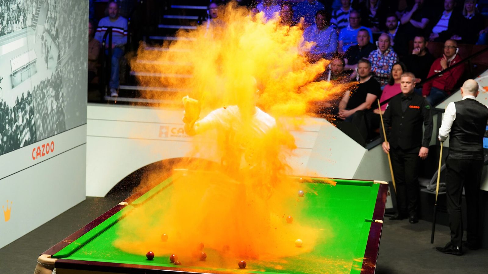 World Snooker Championship Play suspended as protester throws orange substance on table Snooker News Sky Sports