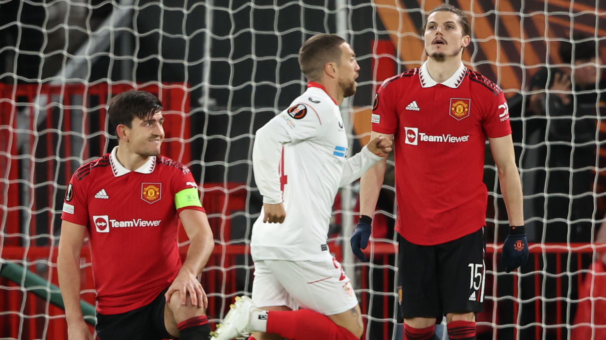 Manchester United 2-2 Sevilla: Harry Maguire and Tyrell Malacia own goals transform Europa League quarter-final | Football News | Sky Sports