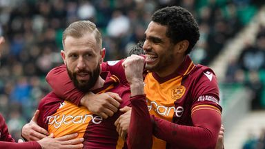 Motherwell's Kevin van Veen celebrates giving them the win at Easter Road