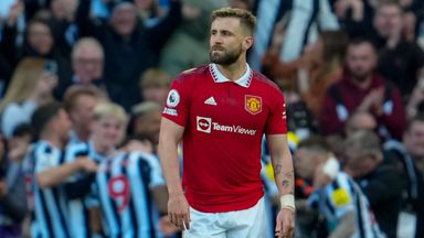 Manchester United's Luke Shaw reacts after Newcastle's Callum Wilson scoring his side's second goal during the English Premier League soccer match between Newcastle United and Manchester United, at St. James' Park stadium in Newcastle, England, Sunda