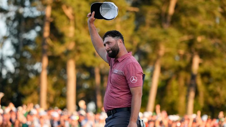 Jon Rahm, of Spain, celebrates on the 18th green after winning the Masters golf tournament at Augusta National Golf Club on Sunday, April 9, 2023, in Augusta, Ga. (AP Photo/Matt Slocum)