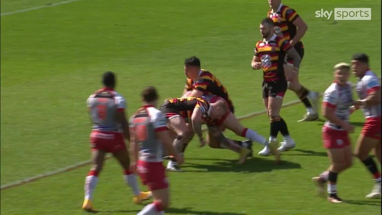 Josh Charnley dives athletically into the corner to open the scoring for Leigh Leopards in Saturday's match against Salford Red Devils