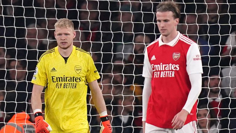 Arsenal goalkeeper Aaron Ramsdale and Rob Holding (centre) appear dejected after conceding a third goal vs Southampton
