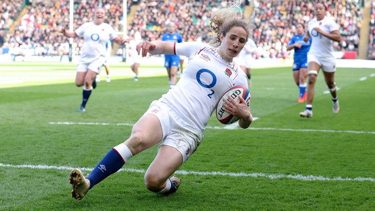 NORTHAMPTON, ENGLAND - APRIL 02: Abby Dow of England scores the side's seventh try during the TikTok Women's Six Nations match between England and Italy at Franklin's Gardens on April 02, 2023 in Northampton, England. (Photo by Catherine Ivill - RFU/The RFU Collection via Getty Images)