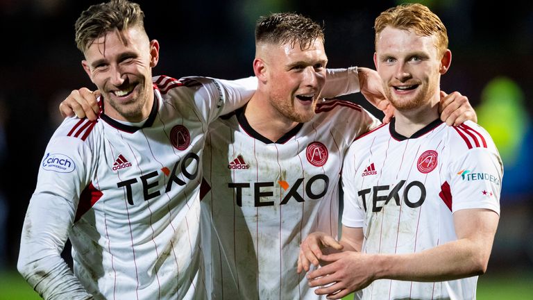 DINGWALL, SCOTLAND - APRIL 14: Aberdeen's Angus MacDonald , Matthew Pollok and Liam Scales (L-R) after a cinch Premiership match between Ross County and Aberdeen at the Global Energy Stadium, on April 14, 2023, in Dingwall, Scotland.  (Photo by Mark Scates / SNS Group)
    