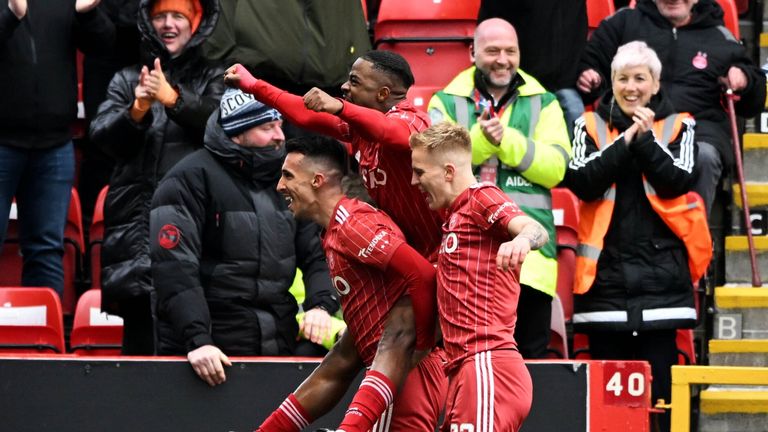 ABERDEEN, SCOTLAND - APRIL 23: Aberdeen...s Bojan Miovski  celebrates scoring to make it 2-0  during a cinch Premiership match between Aberdeen and Rangers at Pittodrie, on April 22, 2023, in Aberdeen, Scotland. (Photo by Paul Devlin / SNS Group)