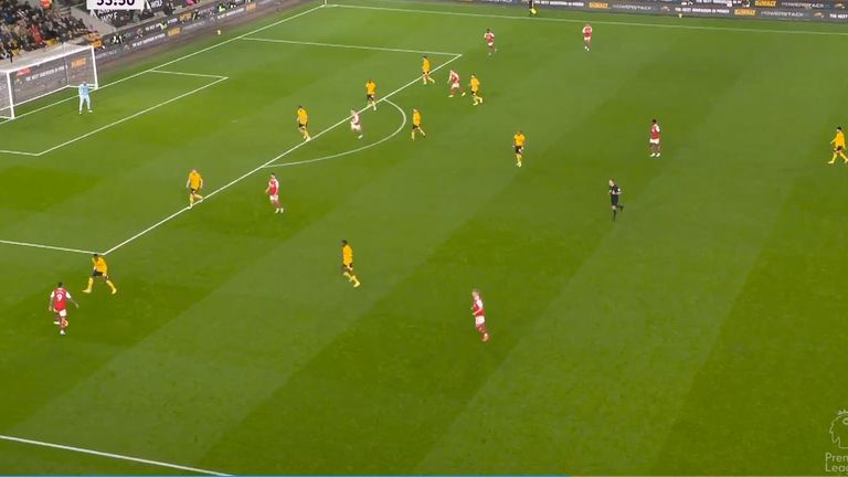 Arsenal's five-player attack in the build-up to their first goal against Wolves