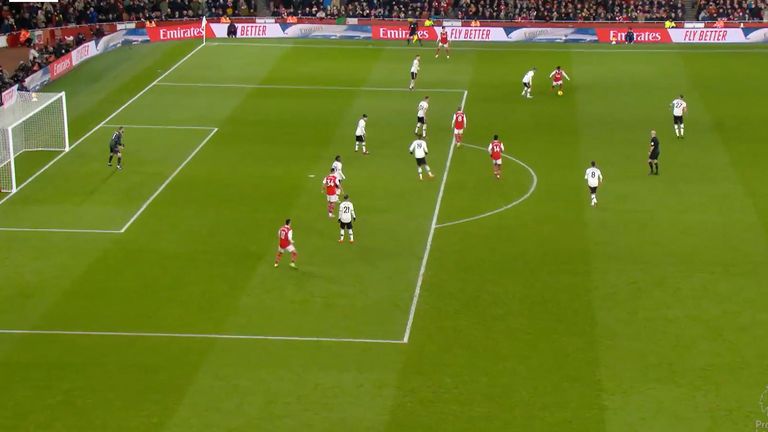Arsenal's shape mean they are able to put Saka one on one versus Christian Eriksen, who is not a natural defender. Saka scores seconds later.