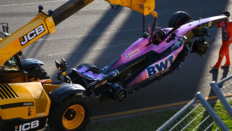Esteban Ocon's smashed car after collision with Alpine team-mate Pierre Gasly