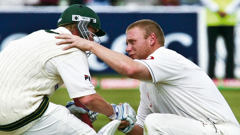 Andrew Flintoff (right) consoles Brett Lee after England's dramatic two-run victory over Australia at Edgbaston in the famous 2005 Ashes series